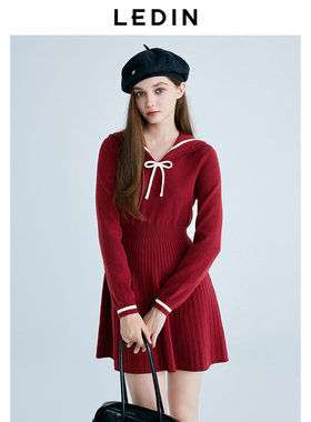 【商场同款】乐町甜美收腰连衣裙春季学院风翻领针织裙C1FAF1204*