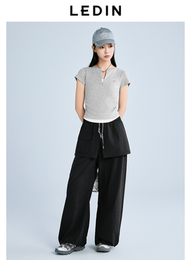 【商场同款】乐町假两件短袖T恤夏新款设计感V领修身T恤C2CNF2119