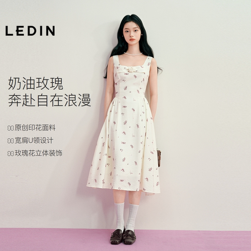 乐町原创印花垂顺舒适连衣裙女2026夏季新款宽肩U领法式浪漫裙子