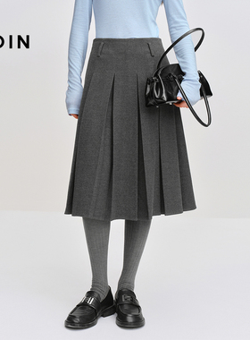 【商场同款】乐町学院风毛呢百褶长裙秋冬格雷系半身裙C1GFF4323
