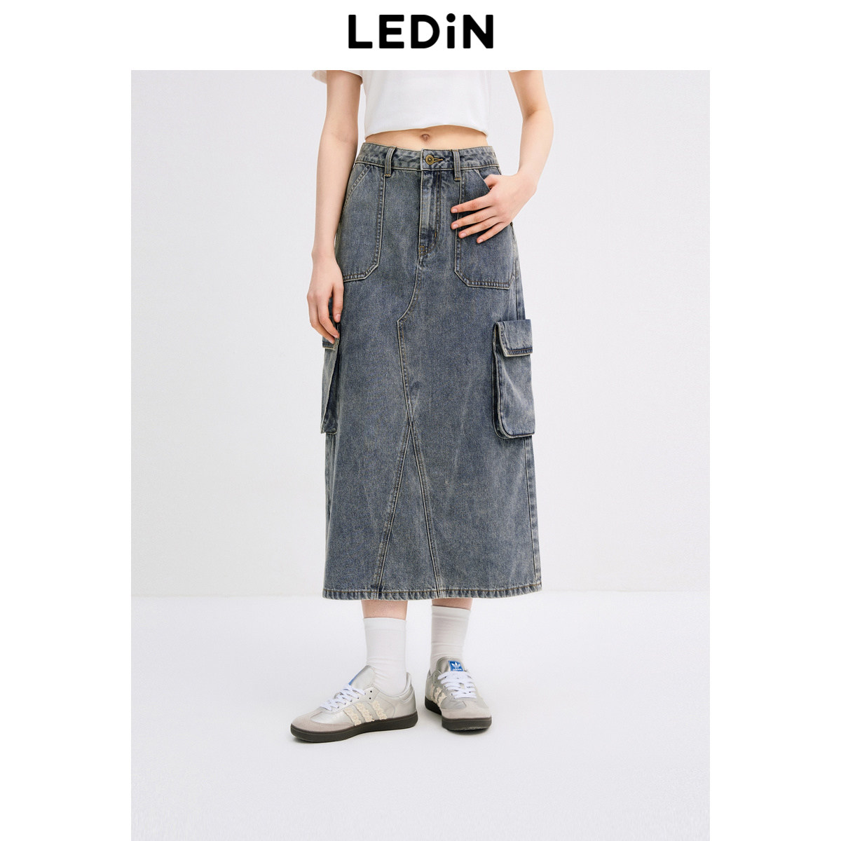 乐町工装风牛仔半裙秋季不规则口袋A摆长裙复古水洗半身裙,女装/女士精品,半身裙,淘宝优惠券,粉丝福利购,淘宝优惠卷