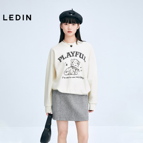 【商场同款】乐町线稿猫咪宽松长款卫衣冬新款圆领上衣C1CRE4