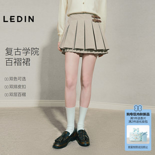 乐町双排小皮扣半身裙秋季新款双层大小压褶短裙卡其色格纹百褶裙