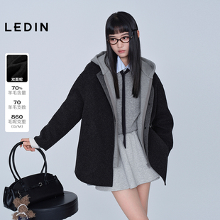 【商场同款】乐町宽松A版双面呢大衣女撞色连帽宽松外套C2AAF4201