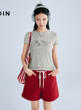 【商场同款】乐町假两件短袖T恤夏新款字母印花修身T恤C2CNF2501