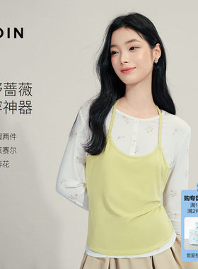 乐町莱赛尔假两件长袖T恤早秋新款碎花空调衫弹力修身显瘦打底衫