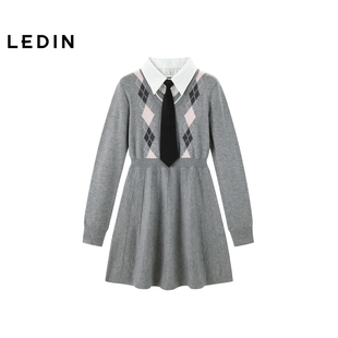 菱格针织裙C2FAE4320 乐町学院风假两件连衣裙冬新款 商场同款