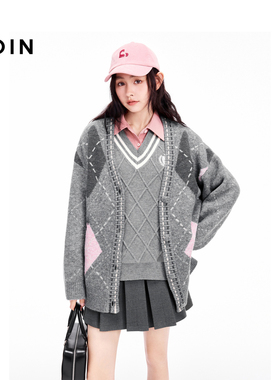 【商场同款】乐町菱形格线开衫冬季新款针织毛衣外套C2EDE4310