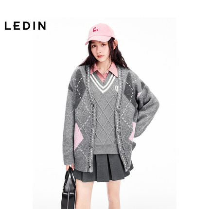 【商场同款】乐町菱形格线开衫冬季新款针织毛衣外套C2EDE4310