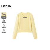 乐町绞花奶黄色针织衫 春格纹蝴蝶结正肩合体上衣miu系针织衫 毛衣