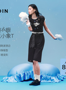【商场同款】乐町小象波点短袖夏季黑色上衣合体正肩T恤C1CNG2131