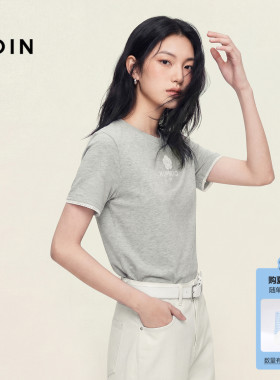 乐町立体小花短袖女夏季新款正肩圆领灰色上衣花边拼接袖口T恤
