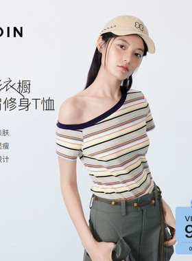 【商场同款】乐町多巴胺彩条T恤夏设计感斜肩修身短袖C2CNG2505