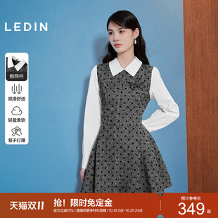 [预]乐町波点假两件连衣裙女X型显瘦收腰长袖两侧压褶复古学院风*