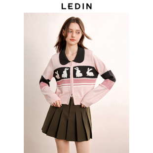 女秋冬双开拉链立体小兔提花毛衣外套 乐町短款 条纹针织线开衫