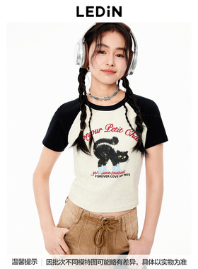 【商场同款】乐町秋季字母猫咪图案插肩短袖T恤C2CNE3112