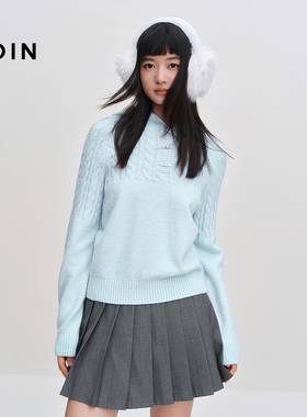 乐町连帽毛衣冬新款蓝色绞花毛针织衫半开襟牛角扣宽松上衣