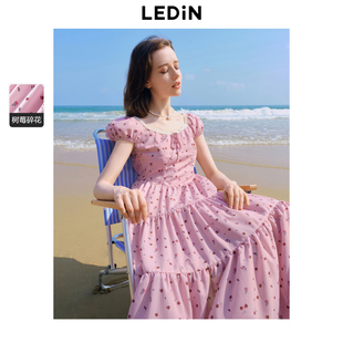 短袖 粉色树莓连衣裙法式 连衣裙 新款 乐町芝芝莓莓碎花裙年夏季