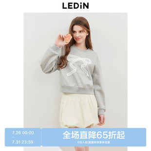 乐町简约宽松短款 蕾丝蝴蝶结圆领上衣灰色卫衣 卫衣女装 2025春新款