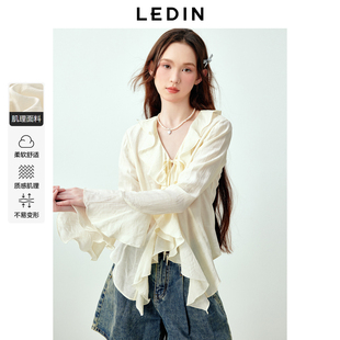 百搭肌理感衬衣 时尚 乐町甜美少女感白色荷叶边衬衫 女春秋新款