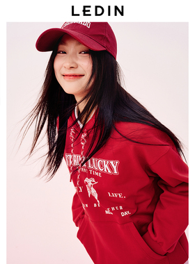 【商场同款】乐町2025春季新款字母印花连帽红色卫衣女C2CRF1329*