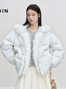 乐町清新蓝色系短面包羽绒服女装25冬季新款狐狸毛领保暖派克外套