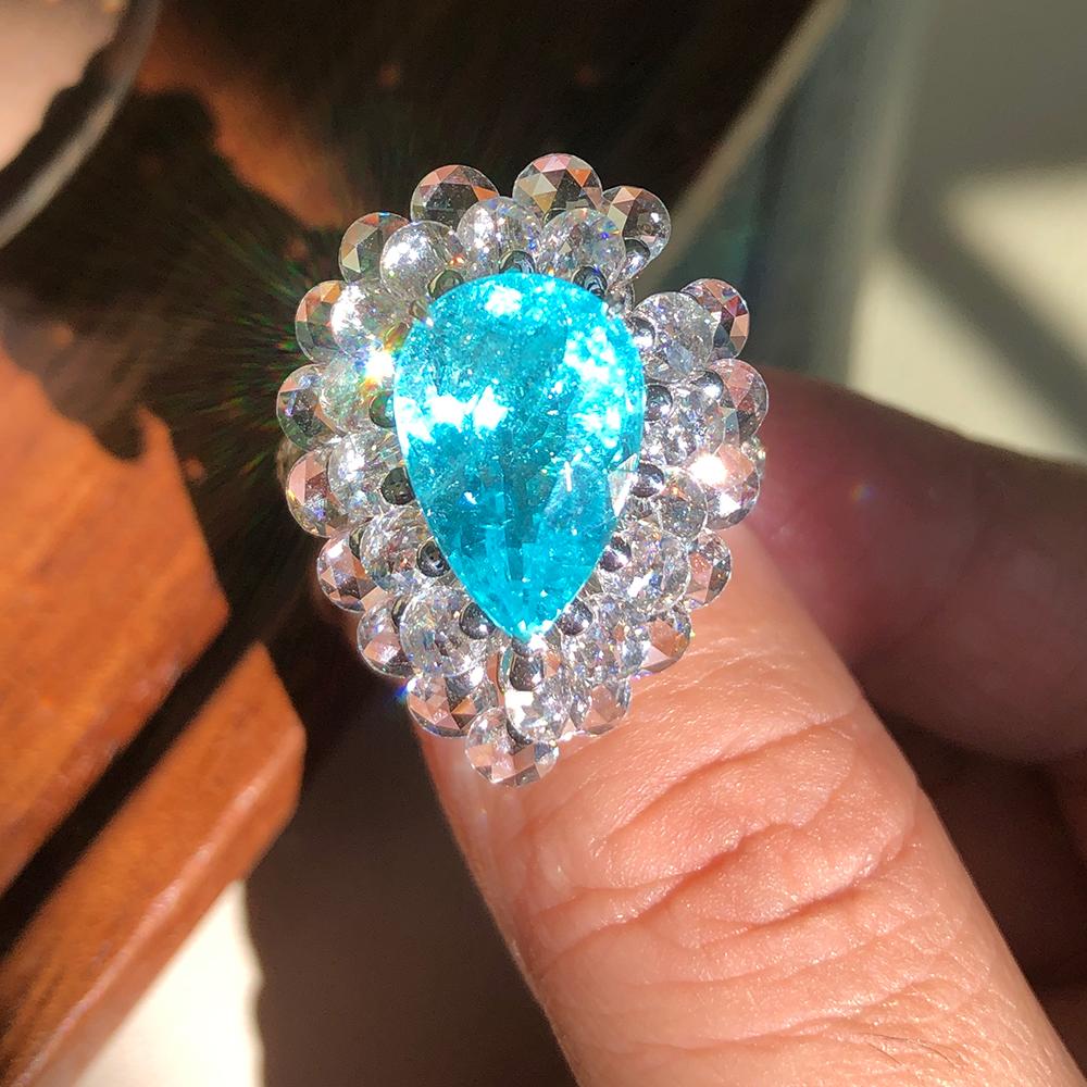 露蜜珠宝天然水滴帕拉伊巴碧玺戒指霓虹蓝色18K金镶嵌钻石女戒