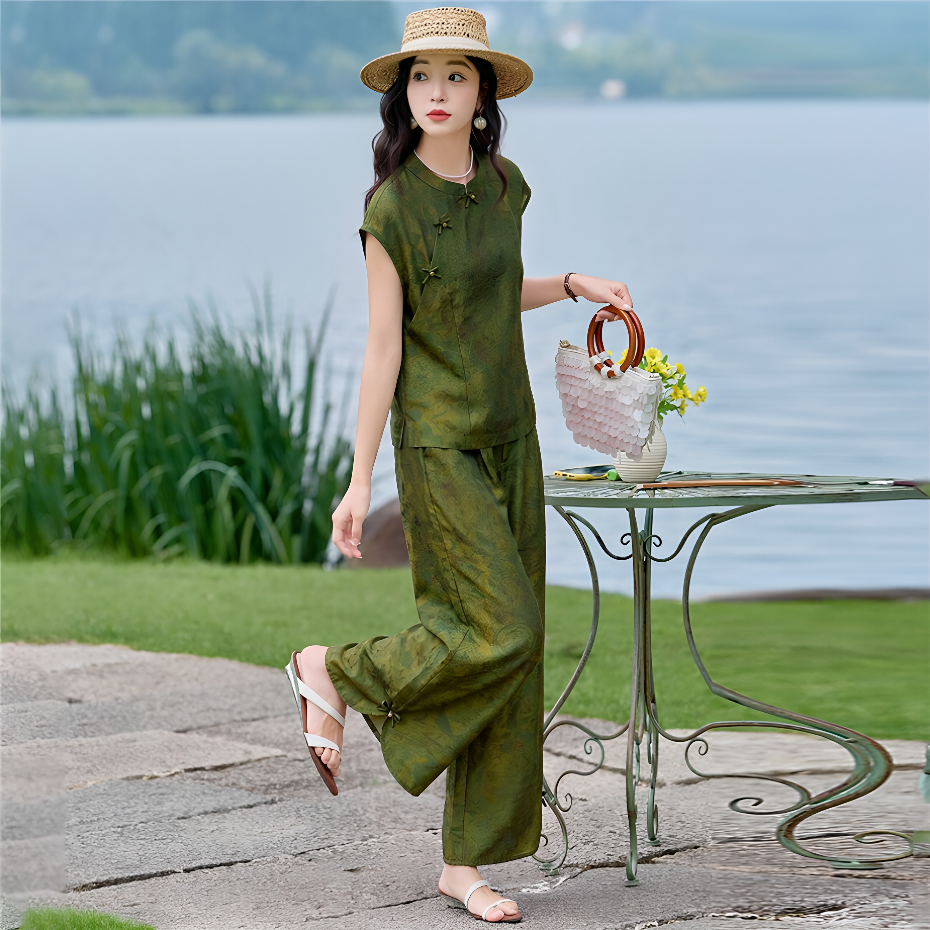 2026夏季新款两件套新中式国风女装小飞袖短袖上衣裤腿长裤女时尚
