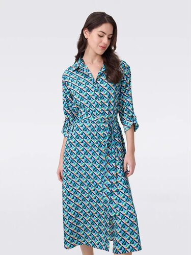 新款几何青阶绿印花衬衫式裹身裙一片式收腰绑带连衣裙女