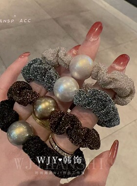 韩版仿珍珠亮丝布艺发圈小肠圈高弹力扎马尾简约发饰丸子头头圈女