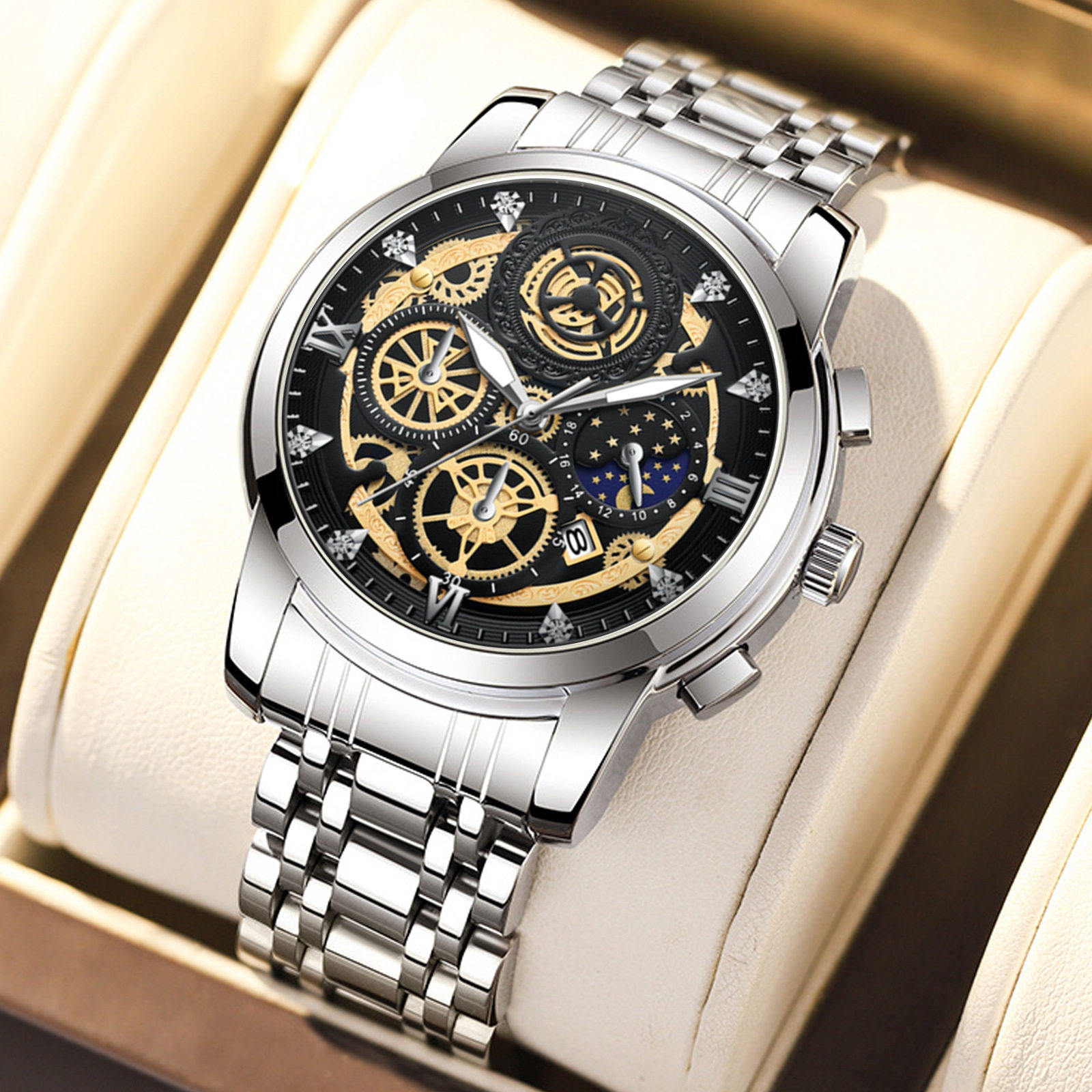 品牌日月星辰男士手表镂空日历男表陀飞轮夜光石英防水手表