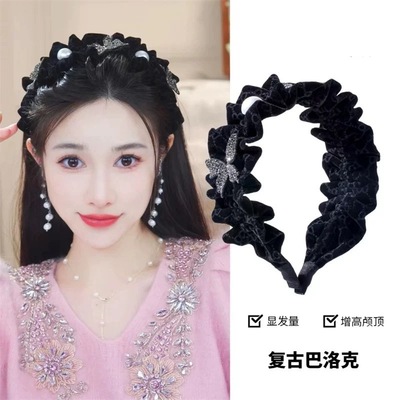 秋冬发箍宽女高颅顶高级感显脸小蝴蝶结洗脸大头围丝绒褶皱发饰