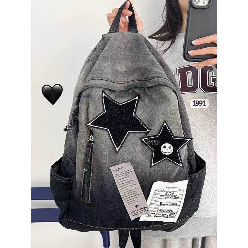 书包初中女生混的人渐变水洗帆布双肩大学生牛仔布大容量小众复古