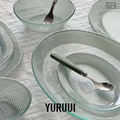 [YURUUI设计师]韩国Eding鼠尾草绿色方格玻璃小碗餐盘餐具