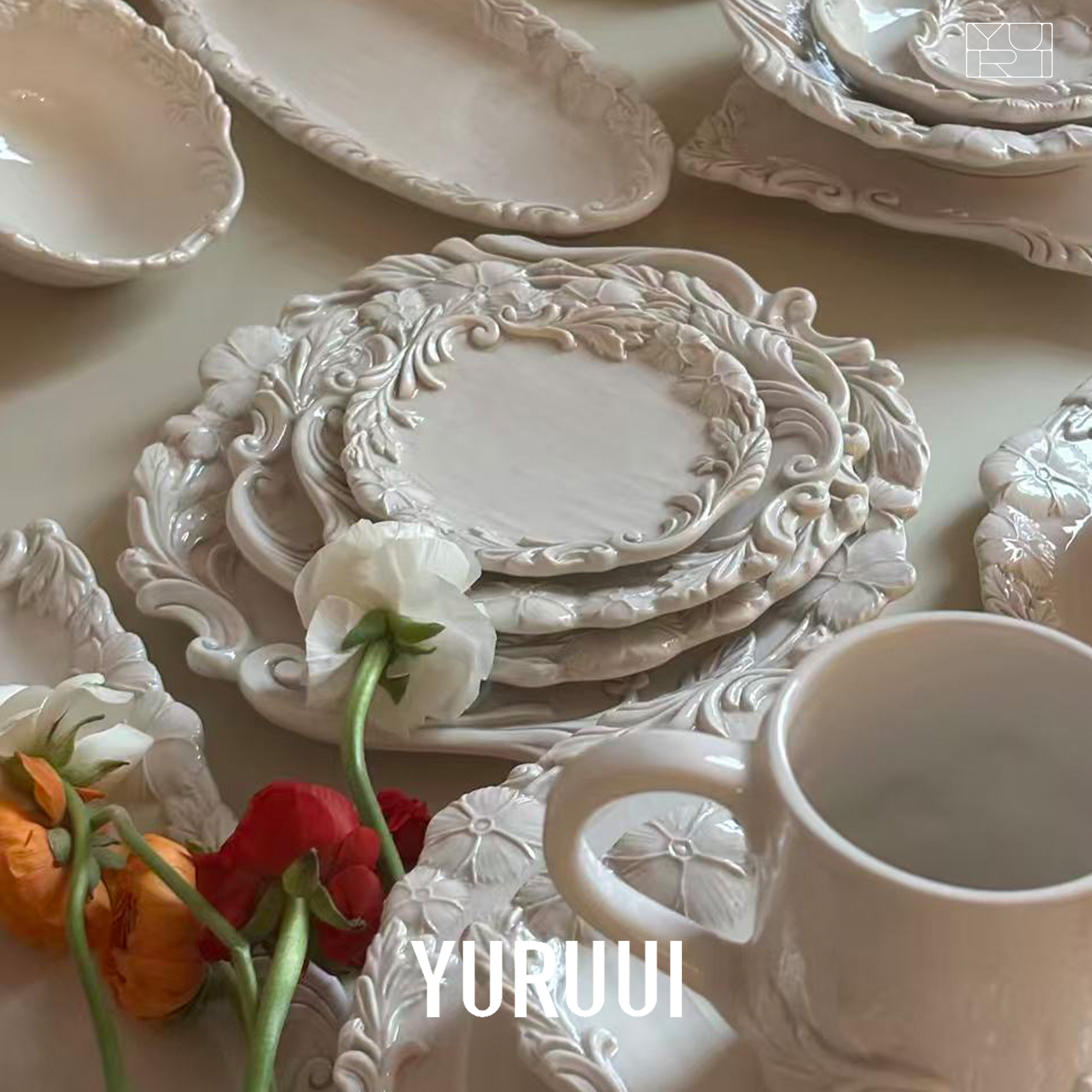 [YURUUI设计师]意大利ELIOS复古陶瓷双花浮雕系列卡其奶油色餐具