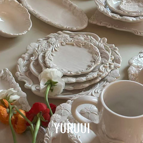 [YURUUI设计师]意大利ELIOS复古陶瓷双花浮雕系列卡其奶油色餐具