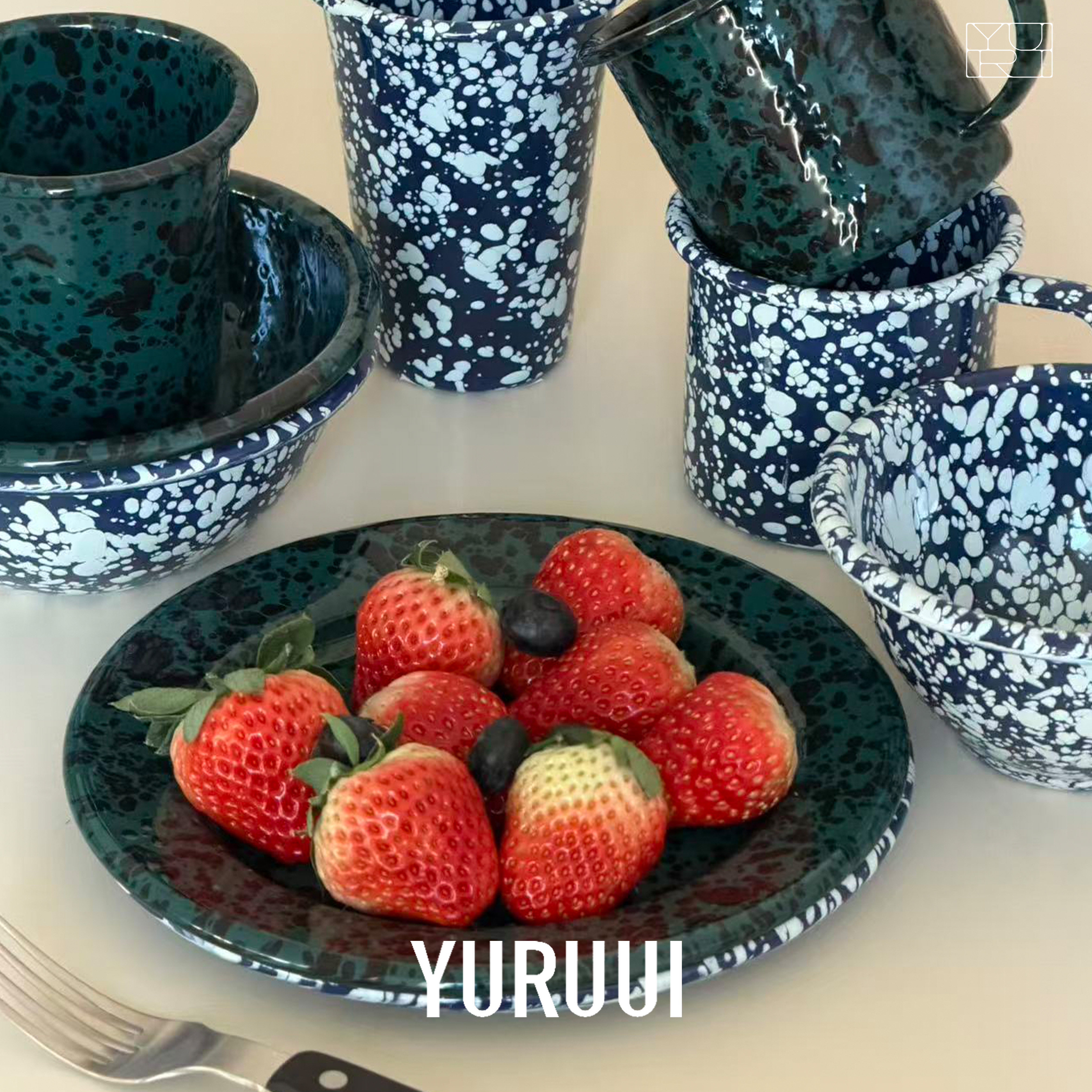 [YURUUI设计师]美国Crow Canyon深蓝泼墨搪瓷酸奶碗马克杯意面盘