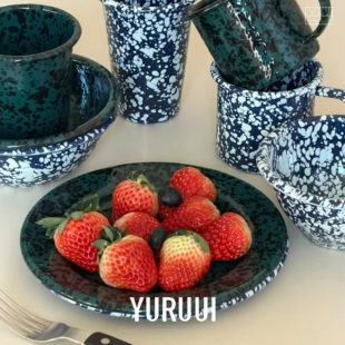 [YURUUI设计师]美国Crow Canyon深蓝泼墨搪瓷酸奶碗马克杯意面盘