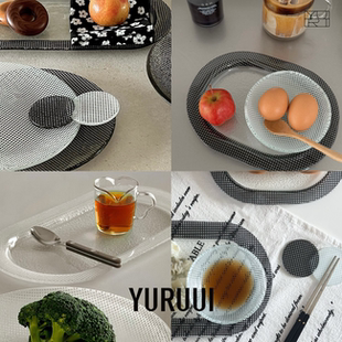 YURUUI设计师 韩国EDING黑白色格子玻璃餐盘酸奶碗意面碗沙拉盘