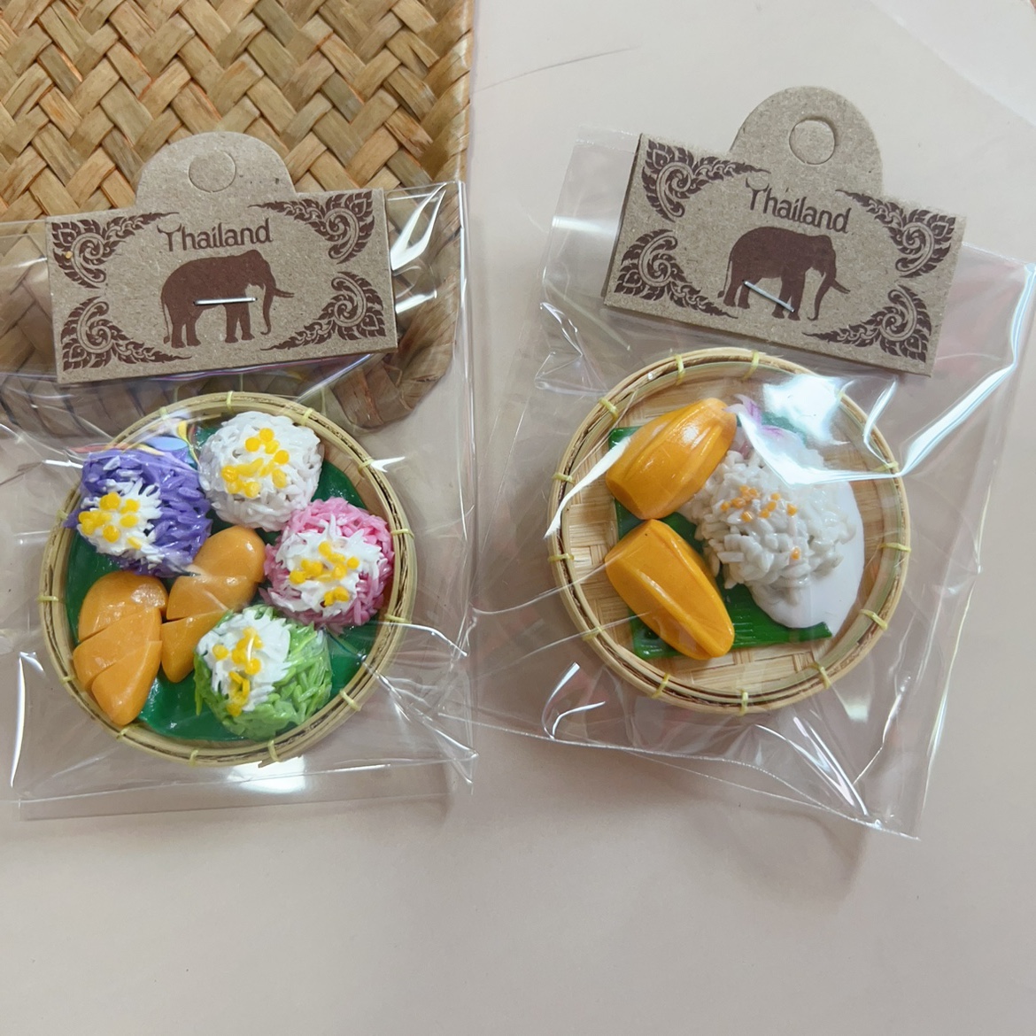 泰国手工冰箱贴粘土竹篮仿真街边夜市芒果糯米饭siam旅游纪念摆件