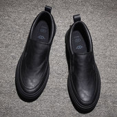 休闲皮鞋 男鞋 防滑全黑工作鞋 大码 秋冬新款 防水低帮软底一脚蹬板鞋