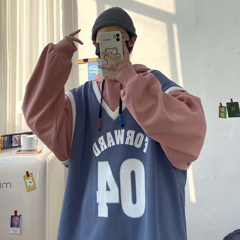 自拍冰棉聚酯纖維春裝假兩件上衣男