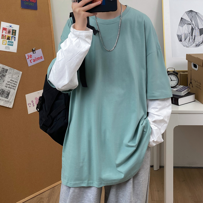 Poster shot 100% cotton spring new solid color fake two long sleeve t-shirts