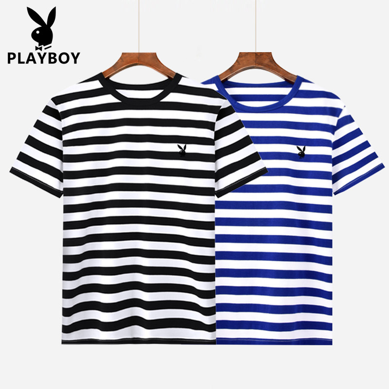 PLAYBOY/花花公子正品条纹短袖T恤男圆领休闲百搭海魂衫大码男装