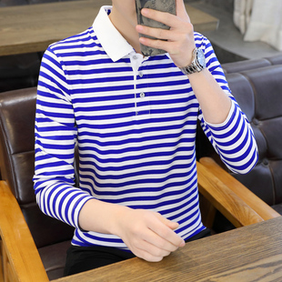 蒙蝶依商务休闲POLO衫男长袖蓝白条纹海魂衫白色翻领海军衫T恤潮
