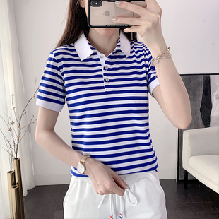 潮流新款商务休闲条纹POLO衫女短袖翻领海军风T恤夏季白领海魂衫