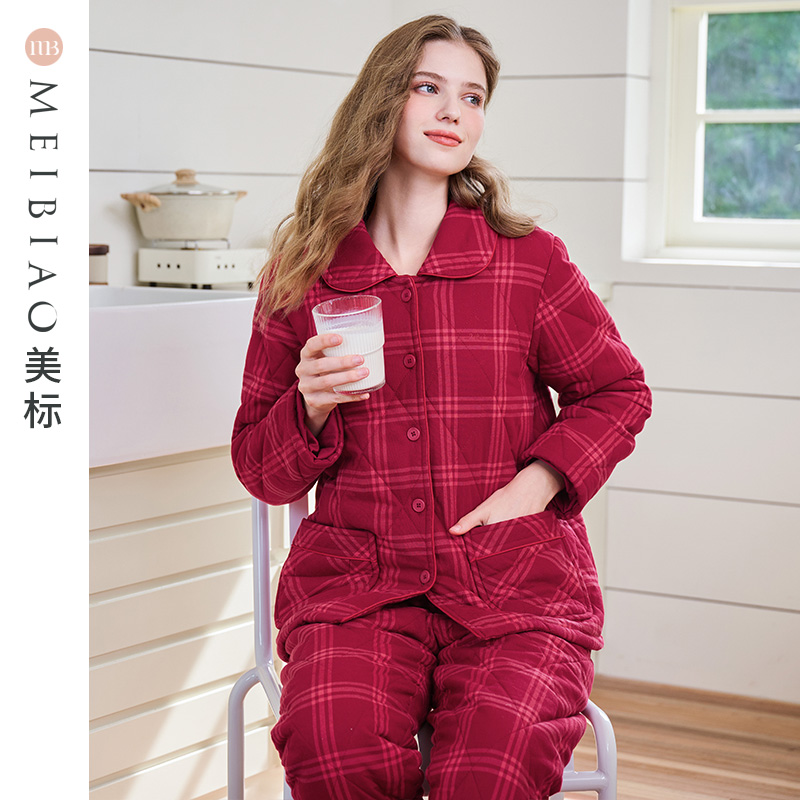 美标咖啡碳蓄热纤维夹棉睡衣冬女