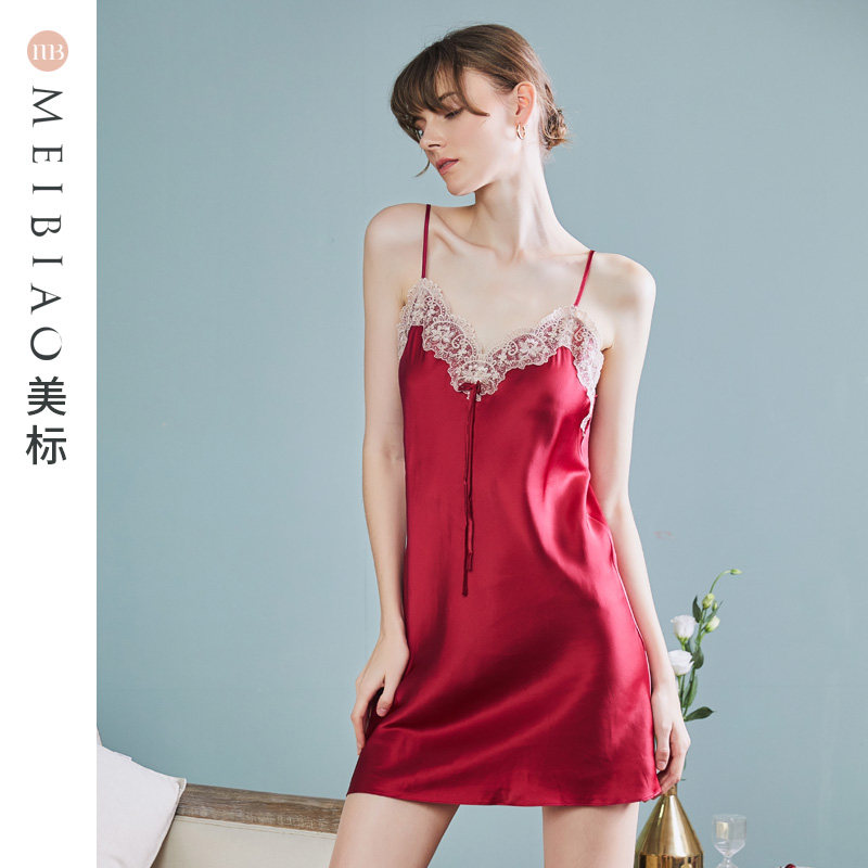 美标吊带真丝睡裙女夏重磅丝绸睡衣结婚红色本命年性感蕾丝家居服