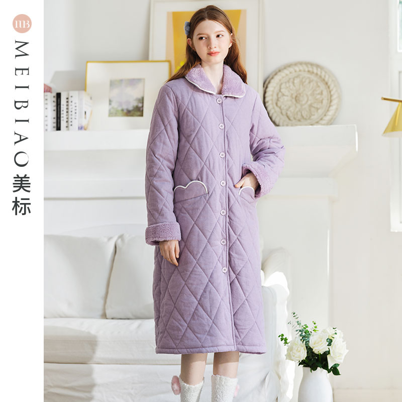 美标新款三层加厚夹棉睡袍中长款保暖纯棉睡衣女秋冬季甜美家居服