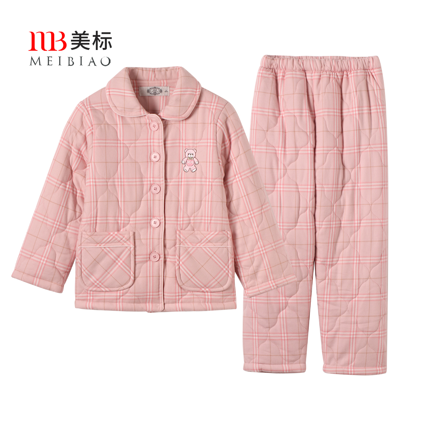 美标儿童三层夹棉纯棉睡衣男女童秋冬格子加厚保暖全棉家居服大童